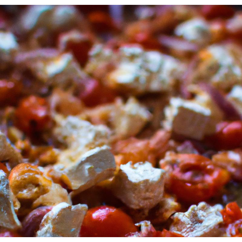 Feta auf Tomaten und Zwiebeln, in der Pfanne gebac